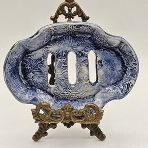 Artist Signed Blue Floral Impressed Pottery Soap Dish Nature-inspired Soap Rest